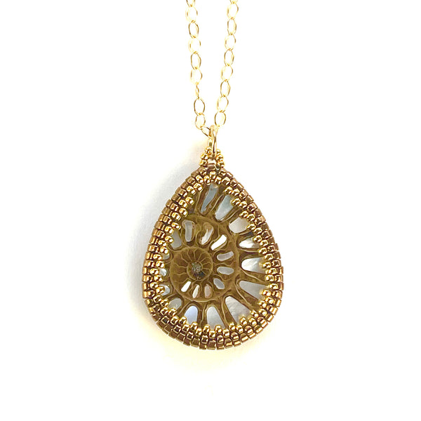 Ammonite Teardrop Pendant with Mother of Pearl