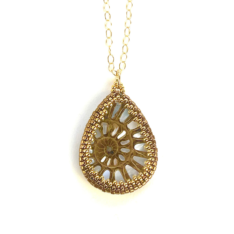 Ammonite Teardrop Pendant with Mother of Pearl