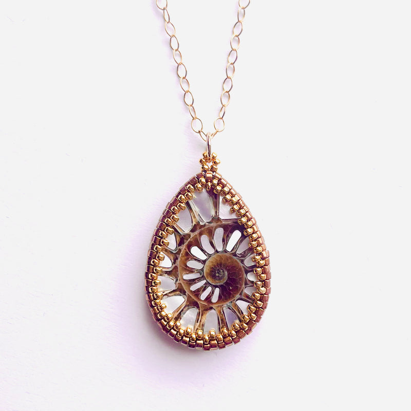 Ammonite Teardrop Pendant with Mother of Pearl