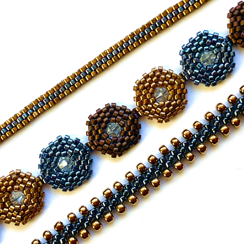 Hexagon Hematite/Bronze Stack of Three Bracelets