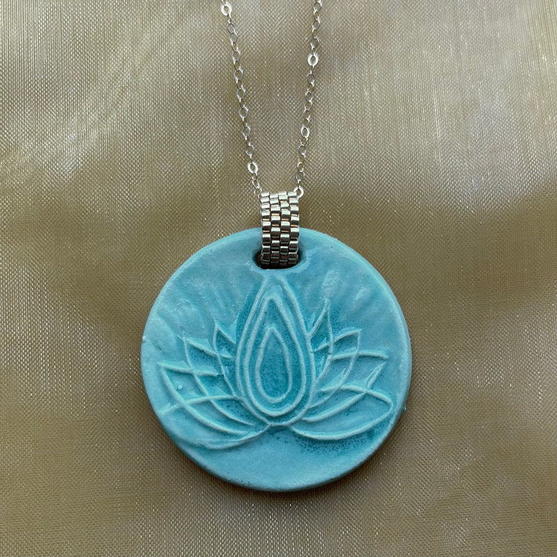 Ceramic Lotus Diffuser Pendant Necklace - Aqua