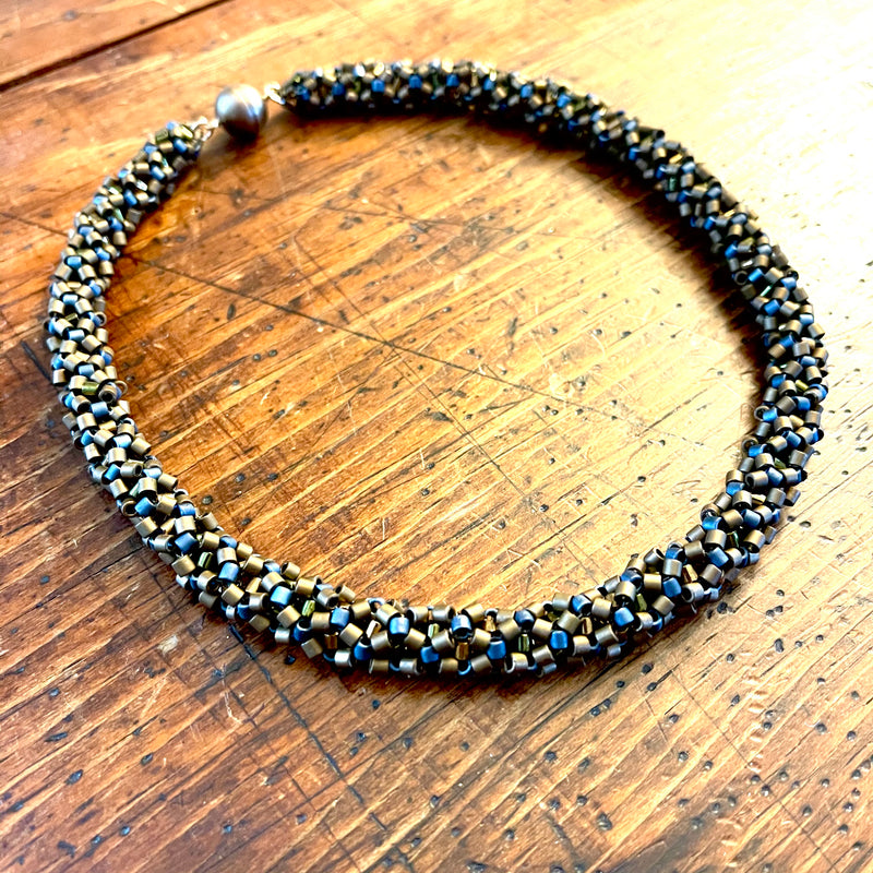 New Chunky Matte Bronze & Blue Beaded Rope Necklace